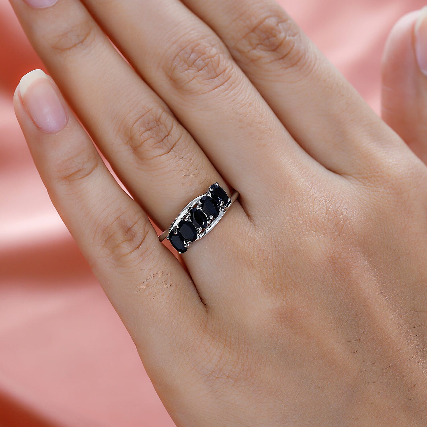 Black Sapphire 5 Stone Ring in Platinum Overlay Sterling Silver 1.690 Ct.
