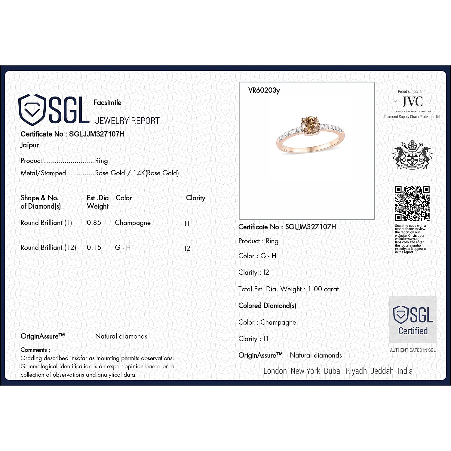 14K Rose Gold SGL Certified Champagne Diamond (I1-I2) and White Diamond (I1-I2 -G-H) Ring 1.00 Ct.