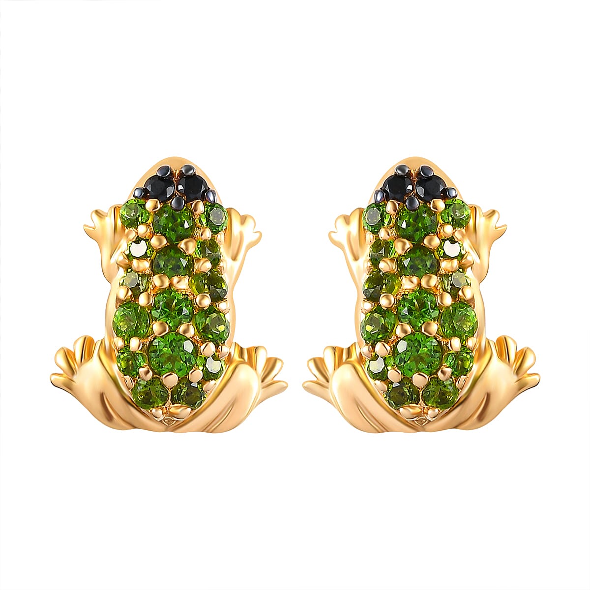GP  Italian Garden Collection - Natural Chrome Diopside and Bio Ploi Black Spinel Frog Earrings (with Push Back) in 18K Vermeil Yellow Gold Plated Sterling Silver 1.00 Ct.