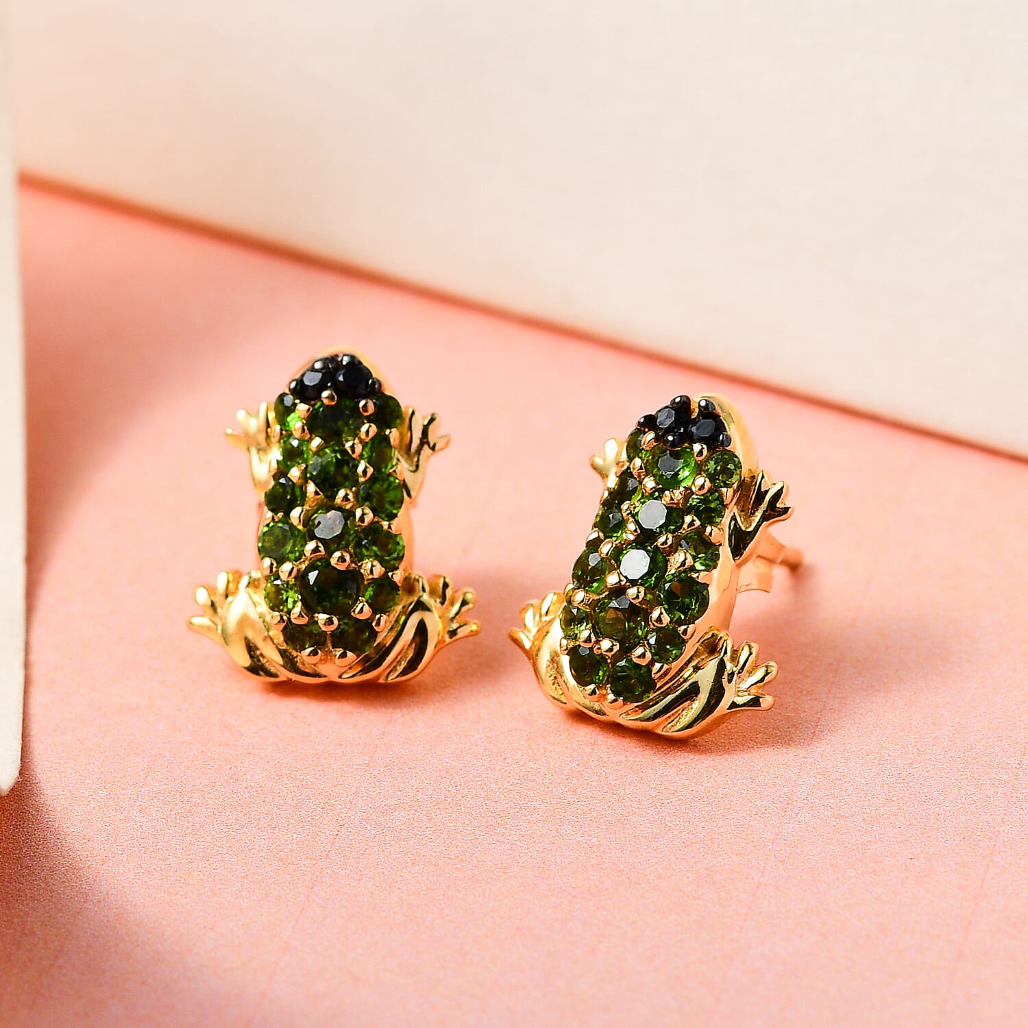 GP  Italian Garden Collection - Natural Chrome Diopside and Bio Ploi Black Spinel Frog Earrings (with Push Back) in 18K Vermeil Yellow Gold Plated Sterling Silver 1.00 Ct.