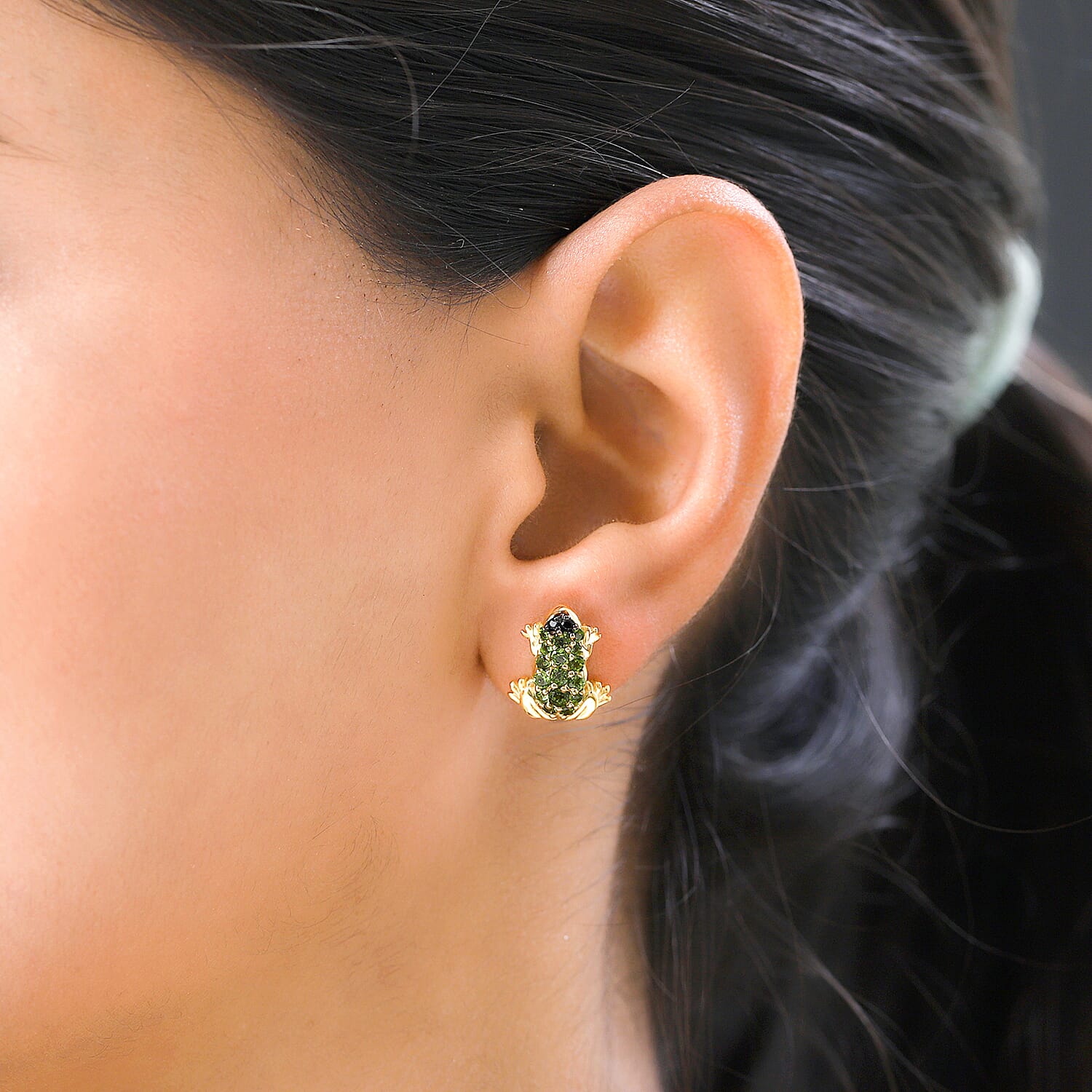 GP  Italian Garden Collection - Natural Chrome Diopside and Bio Ploi Black Spinel Frog Earrings (with Push Back) in 18K Vermeil Yellow Gold Plated Sterling Silver 1.00 Ct.