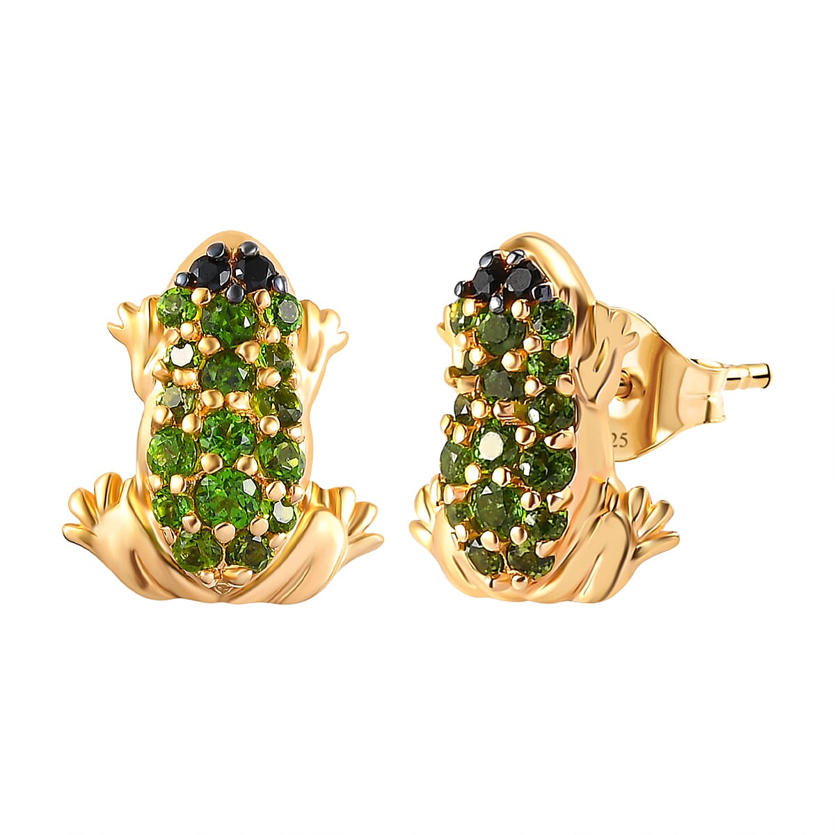 GP  Italian Garden Collection - Natural Chrome Diopside and Bio Ploi Black Spinel Frog Earrings (with Push Back) in 18K Vermeil Yellow Gold Plated Sterling Silver 1.00 Ct.