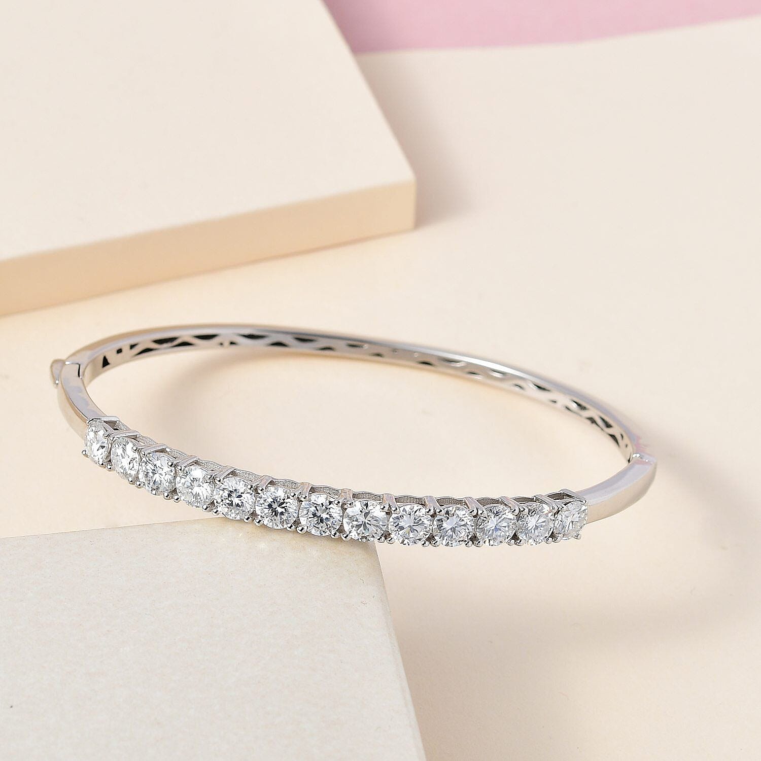 Moissanite Bangle in Platinum Overlay Sterling Silver 5.85 Ct, Silver Wt. 14.68 Gms