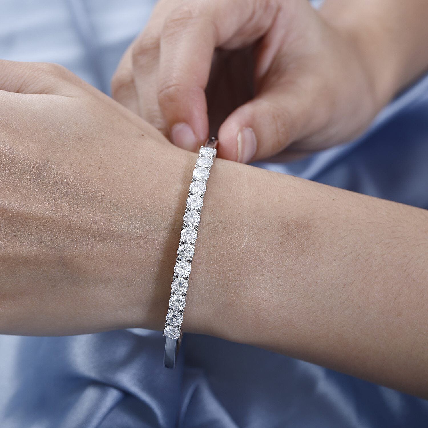 Moissanite Bangle in Platinum Overlay Sterling Silver 5.85 Ct, Silver Wt. 14.68 Gms