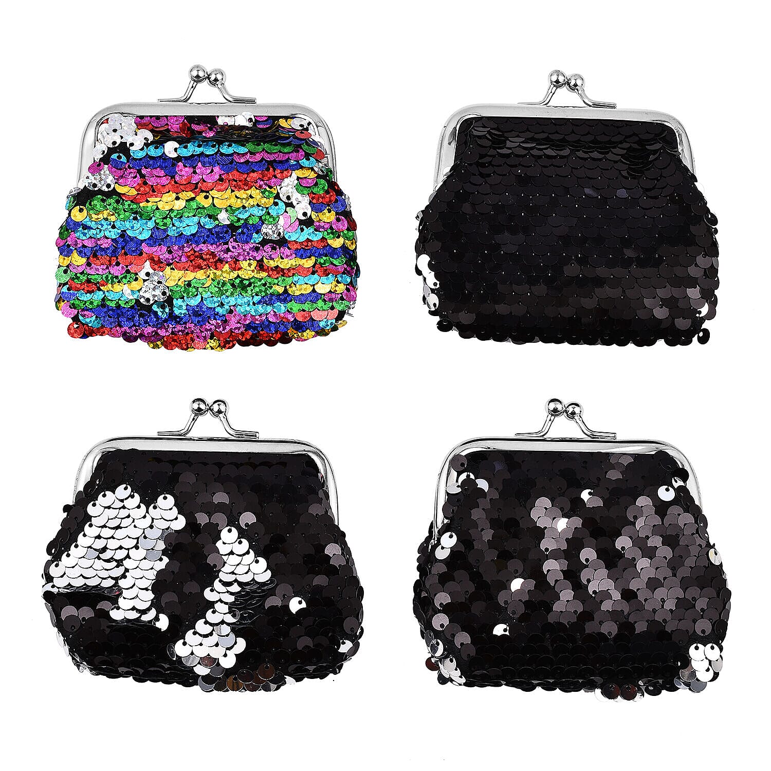 Set of 4 - Sequin Coin Purse Bags (Size 9x7x2 Cm) - Black & Multi