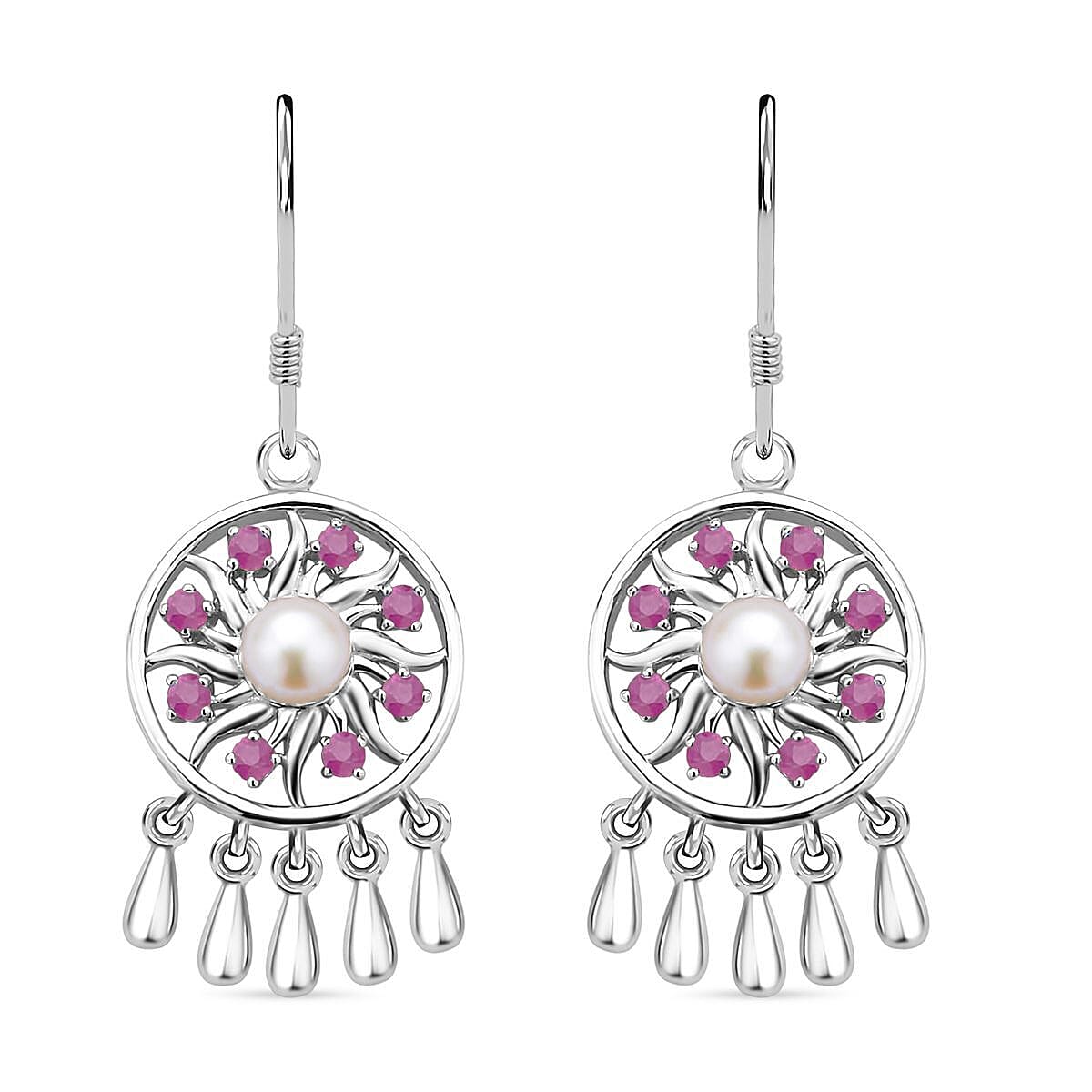 Lucy Q Dreamcatcher Collection - Ruby and Fresh Water Pearl Earrings (with Hook) in Rhodium Overlay Sterling Silver 1.60 Ct.