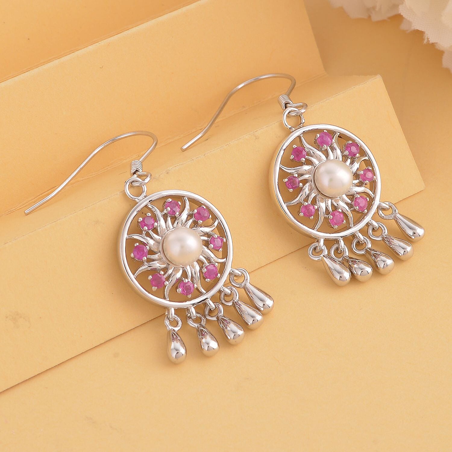 Lucy Q Dreamcatcher Collection - Ruby and Fresh Water Pearl Earrings (with Hook) in Rhodium Overlay Sterling Silver 1.60 Ct.