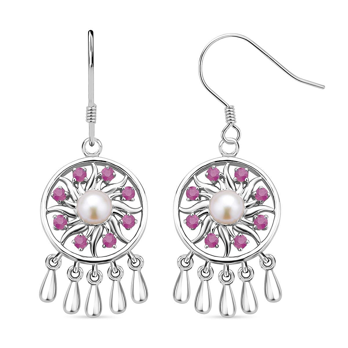 Lucy Q Dreamcatcher Collection - Ruby and Fresh Water Pearl Earrings (with Hook) in Rhodium Overlay Sterling Silver 1.60 Ct.