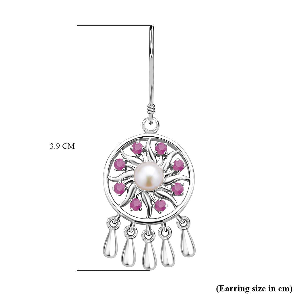 Lucy Q Dreamcatcher Collection - Ruby and Fresh Water Pearl Earrings (with Hook) in Rhodium Overlay Sterling Silver 1.60 Ct.