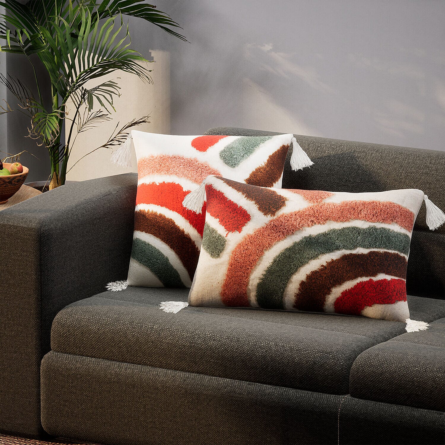 Set of 2 - Stripe Pattern Tufted Pillow Cover 80% Cotton (Square 45 Cm - Rectangle 50x30 Cm) - Stripe Pink