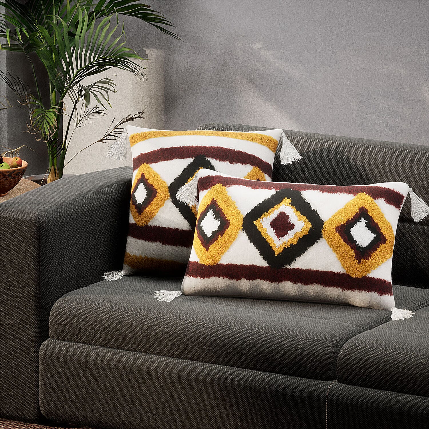 Set of 2 - Diamond Pattern Tufted Pillow Cover 80% Cotton (Square 45 Cm & Rectangle 50x30 Cm ) - Diamond