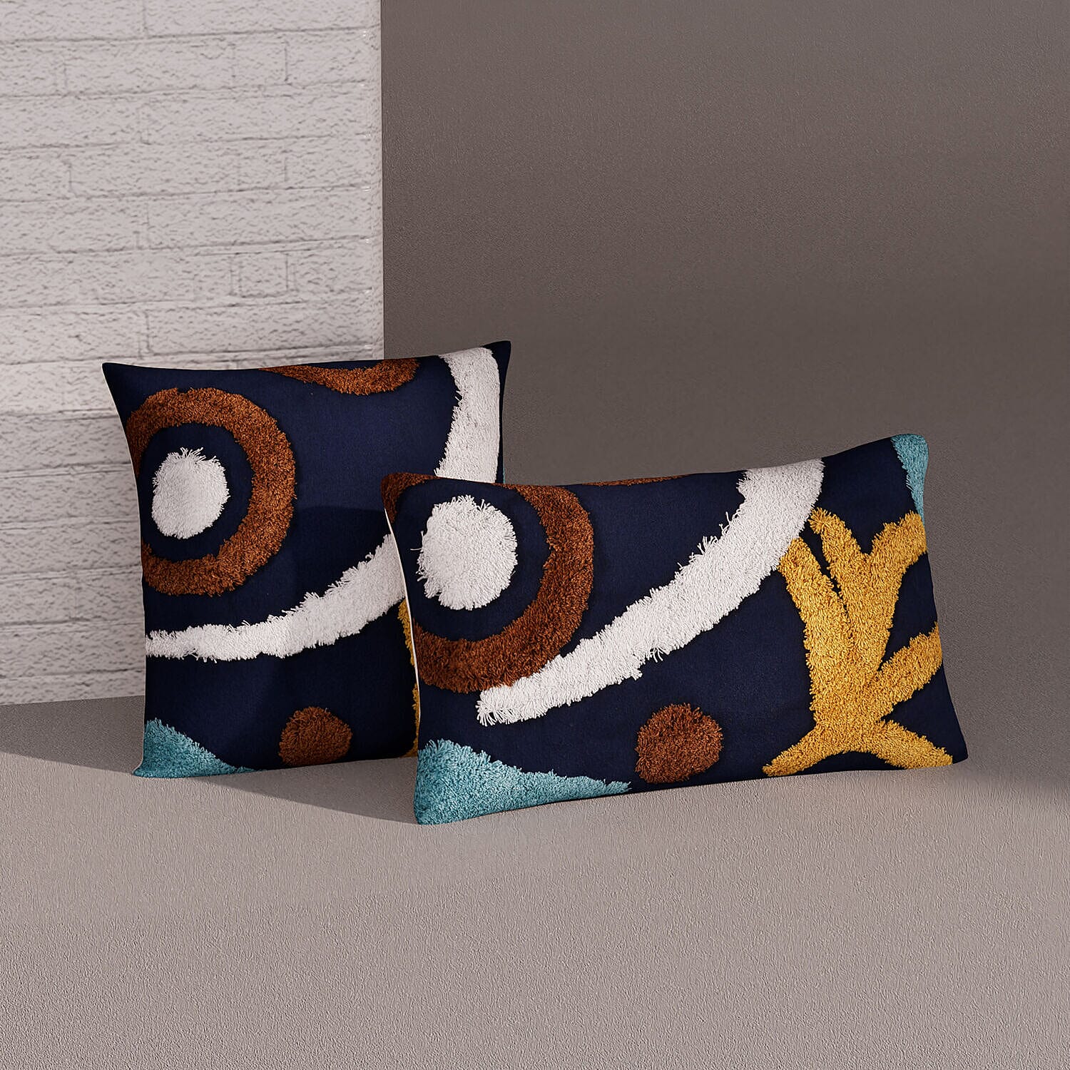 Set of 2 - Bohemian Pattern Tufted Pillow Cover 80% Cotton (Square 45 Cm & Rectangle 50x30 Cm) - Navy