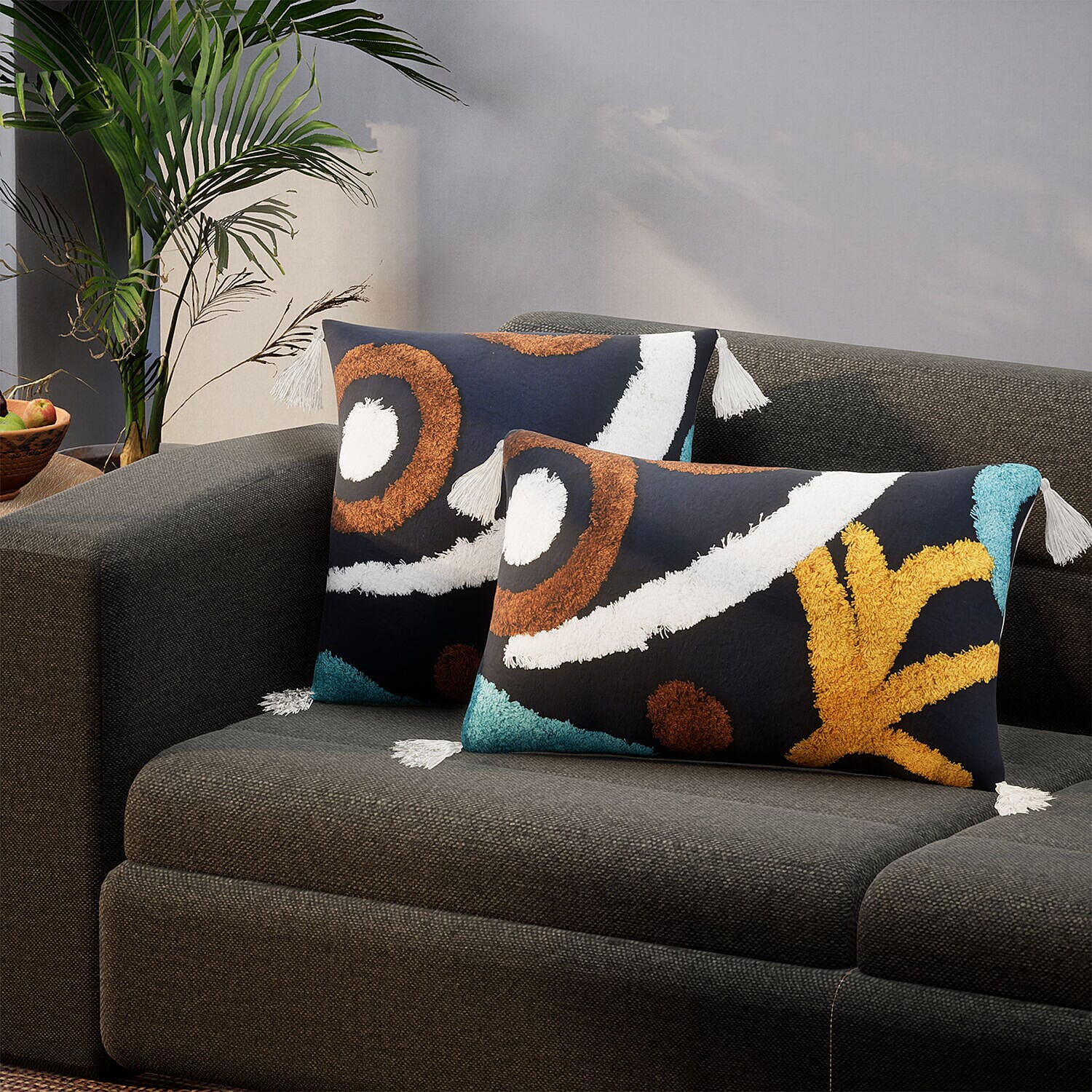 Set of 2 - Bohemian Pattern Tufted Pillow Cover 80% Cotton (Square 45 Cm & Rectangle 50x30 Cm) - Navy