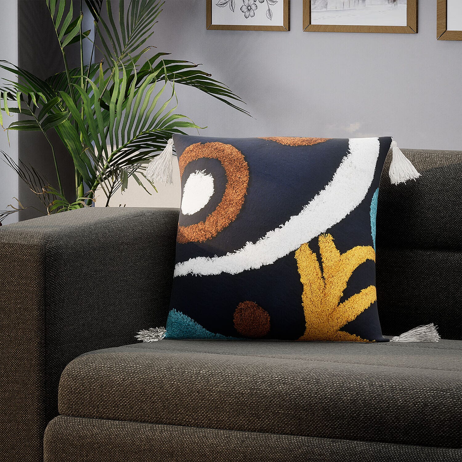 Set of 2 - Bohemian Pattern Tufted Pillow Cover 80% Cotton (Square 45 Cm & Rectangle 50x30 Cm) - Navy