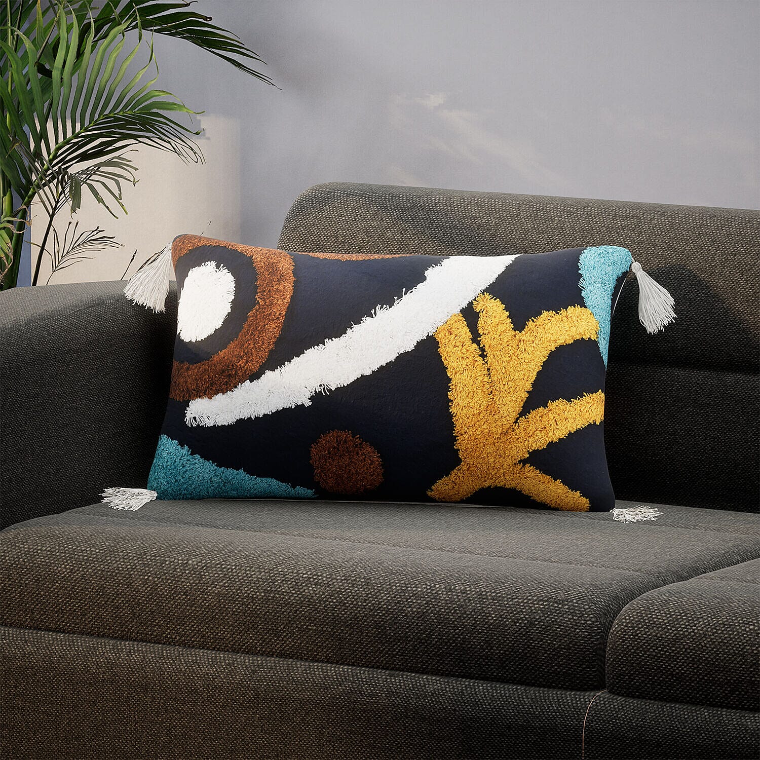 Set of 2 - Bohemian Pattern Tufted Pillow Cover 80% Cotton (Square 45 Cm & Rectangle 50x30 Cm) - Navy