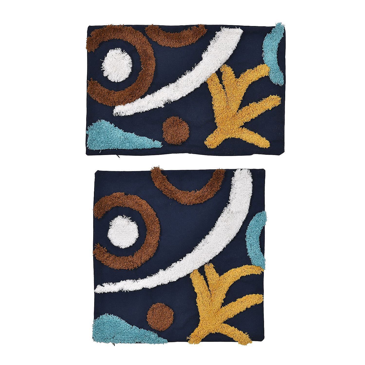 Set of 2 - Bohemian Pattern Tufted Pillow Cover 80% Cotton (Square 45 Cm & Rectangle 50x30 Cm) - Navy
