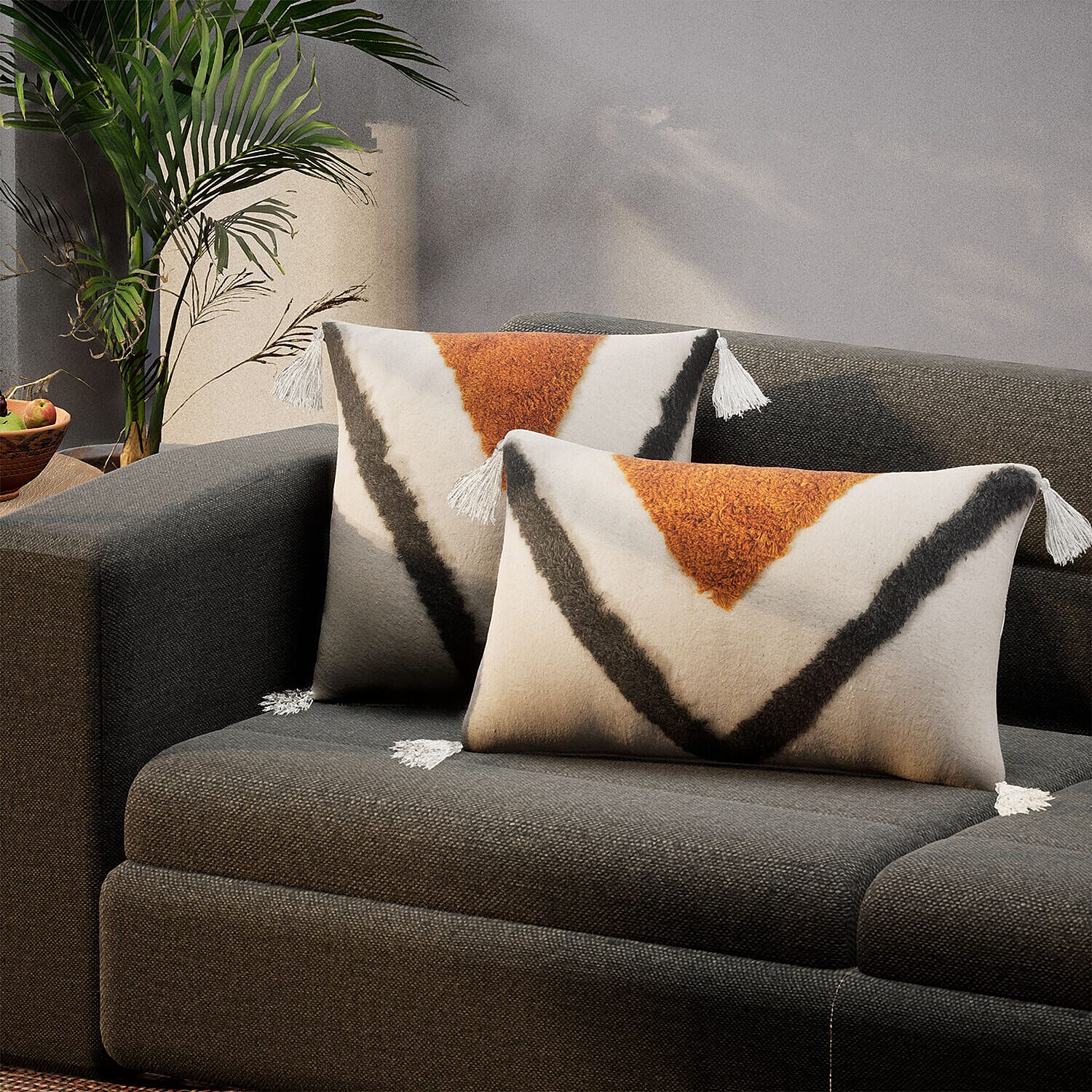 Set of 2 - Triangle Pattern Tufted Pillow Cover 80% Cotton (Square 45 Cm & Rectangle 50x30 Cm) - Triangle