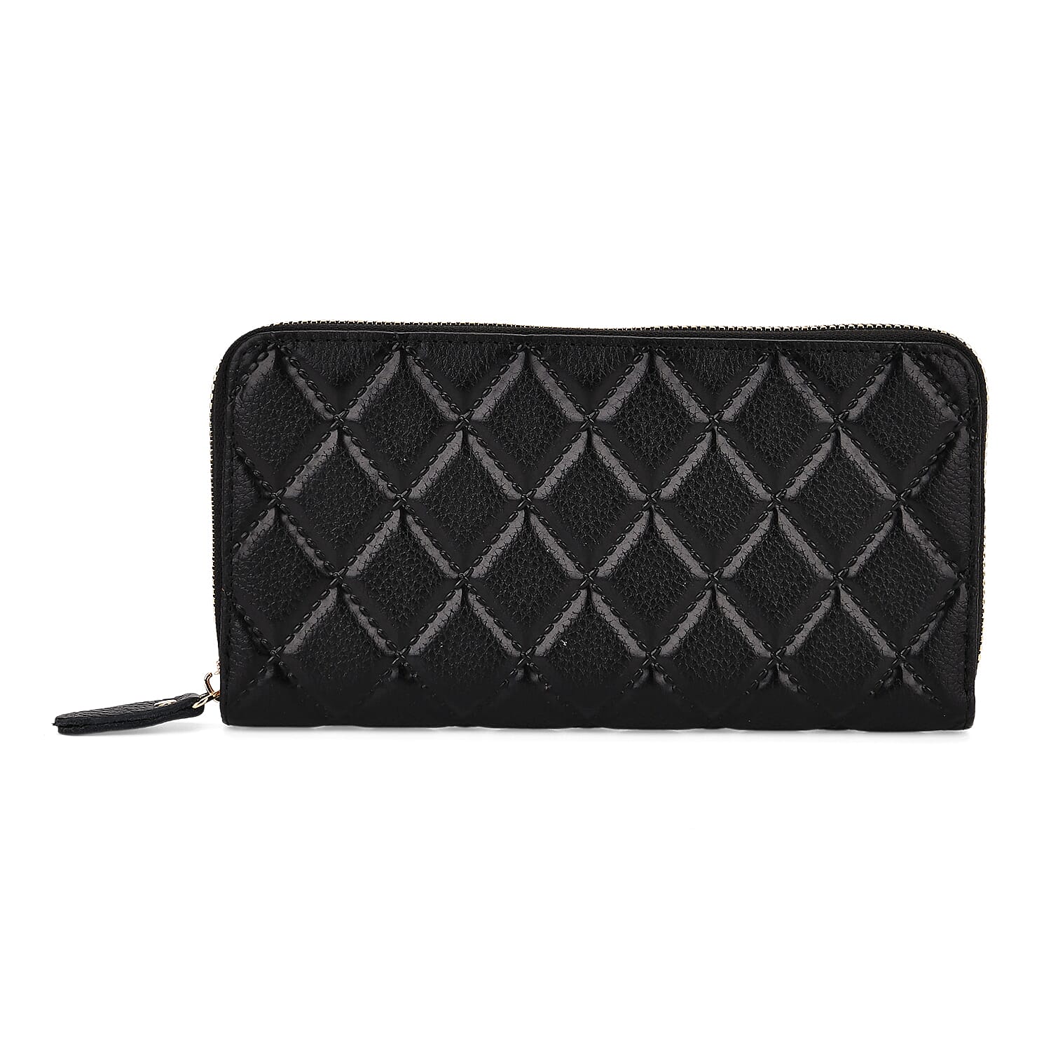 Closeout Deal - Genuine Leather Rhombus Pattern Embossed Wallet with RFID Protection - Black