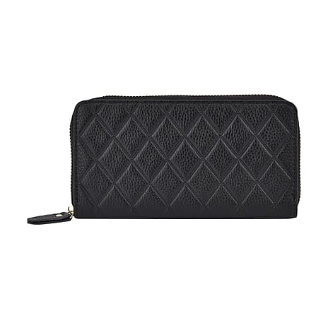 Closeout Deal - Genuine Leather Rhombus Pattern Embossed Wallet with RFID Protection - Black
