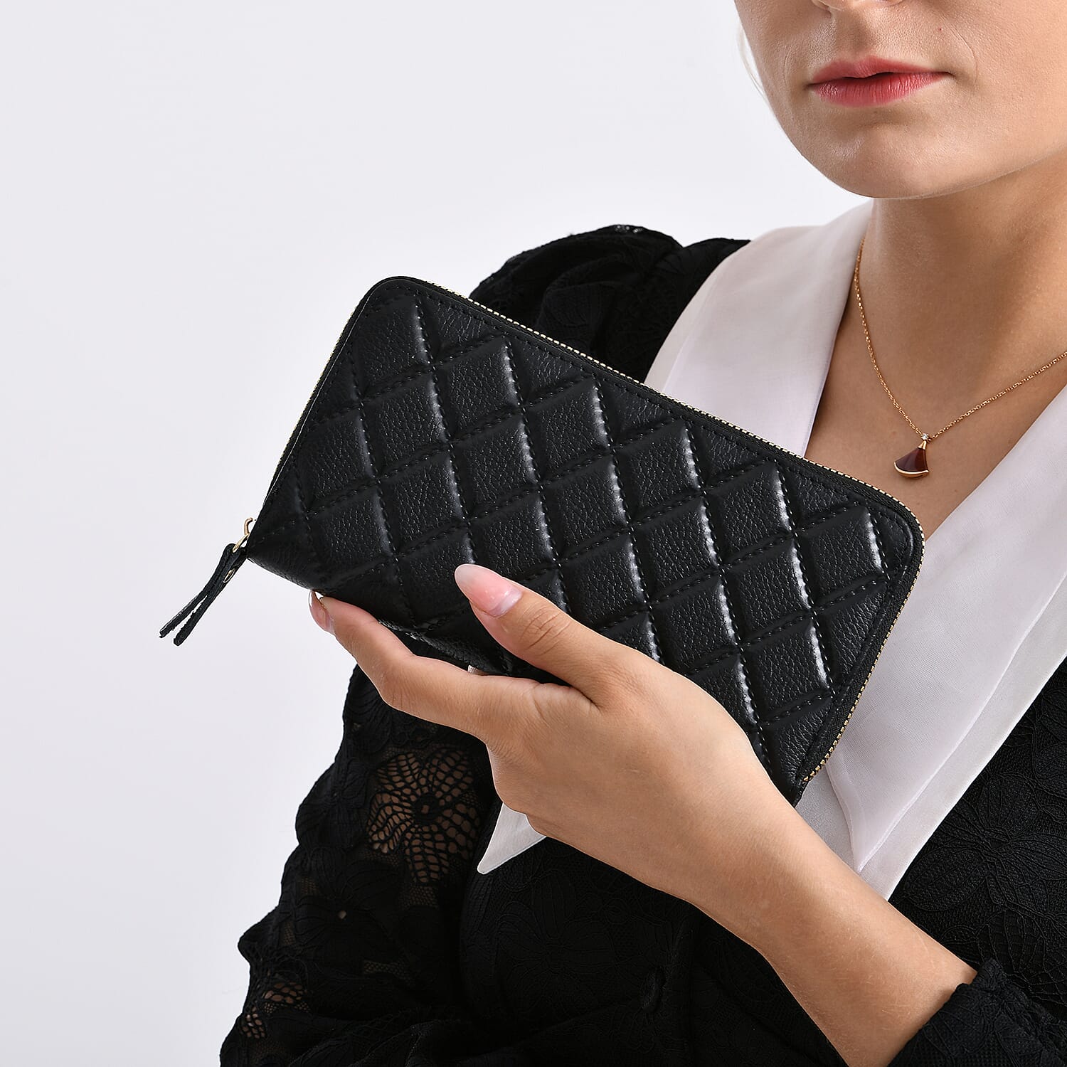 Closeout Deal - Genuine Leather Rhombus Pattern Embossed Wallet with RFID Protection - Black