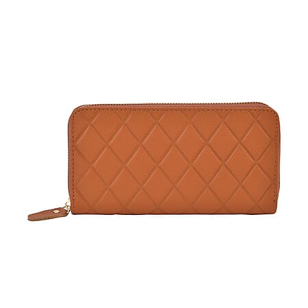 Genuine Leather Rhombus Pattern Embossed Wallet with RFID Protection - Tan