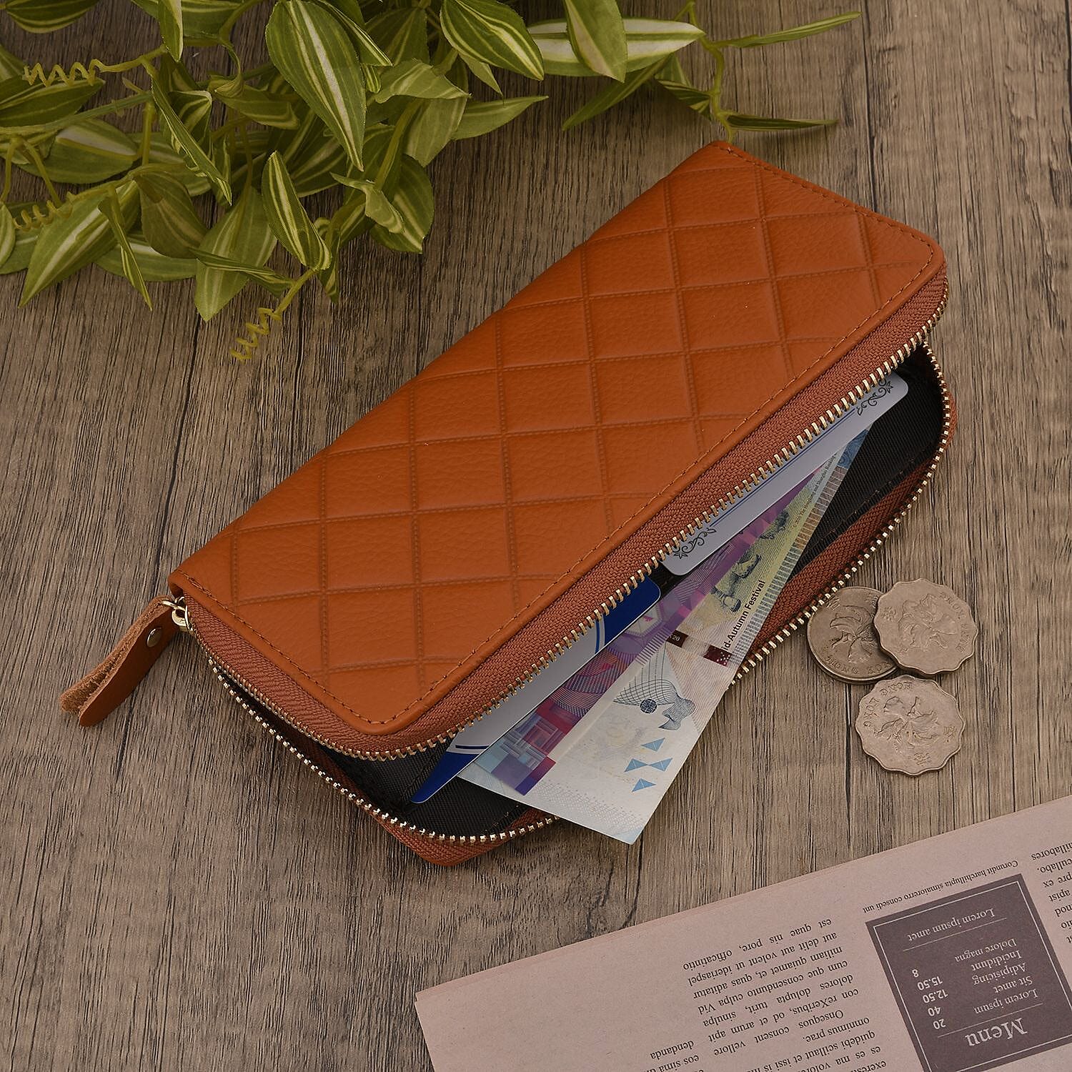 Closeout Deal - Genuine Leather Flower Pattern Embossed Wallet with RFID Protection - Tan