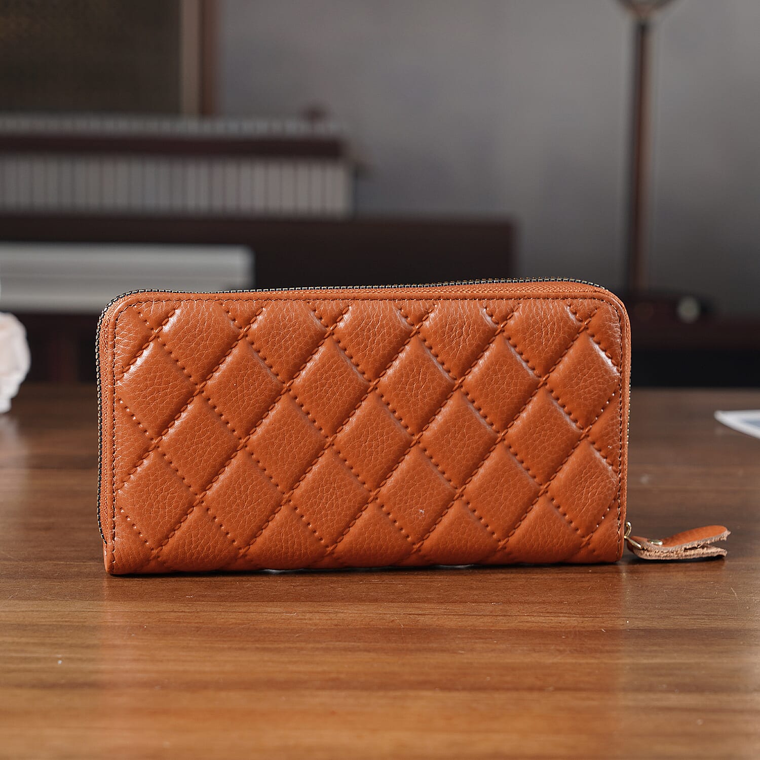 Closeout Deal - Genuine Leather Rhombus Pattern Embossed Wallet with RFID Protection - Tan