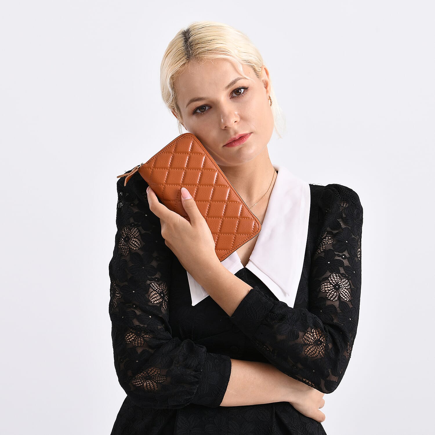 Closeout Deal - Genuine Leather Rhombus Pattern Embossed Wallet with RFID Protection - Tan