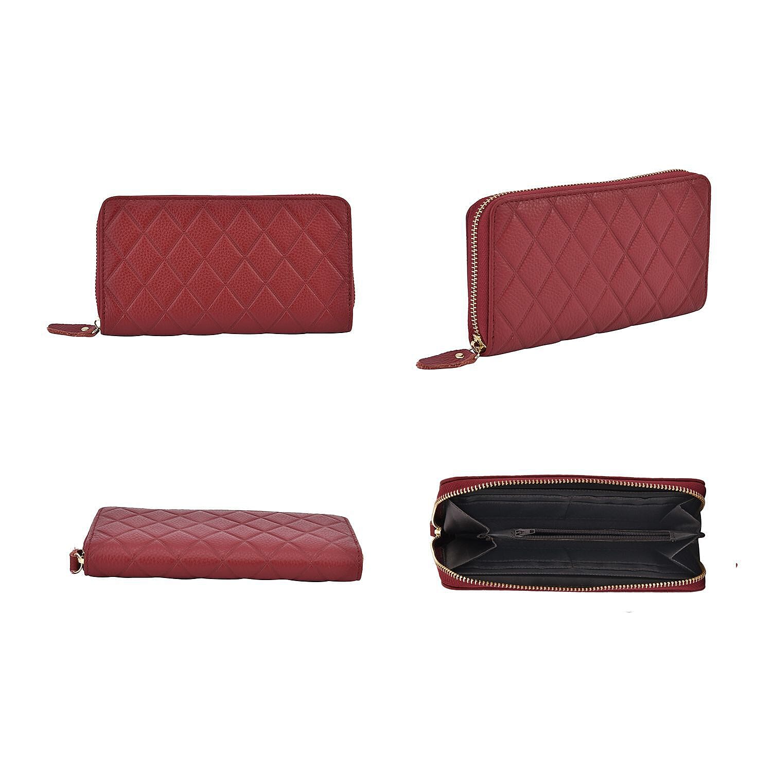 Closeout Deal - Genuine Leather Rhombus Pattern Embossed Wallet with RFID Protection - Burgundy