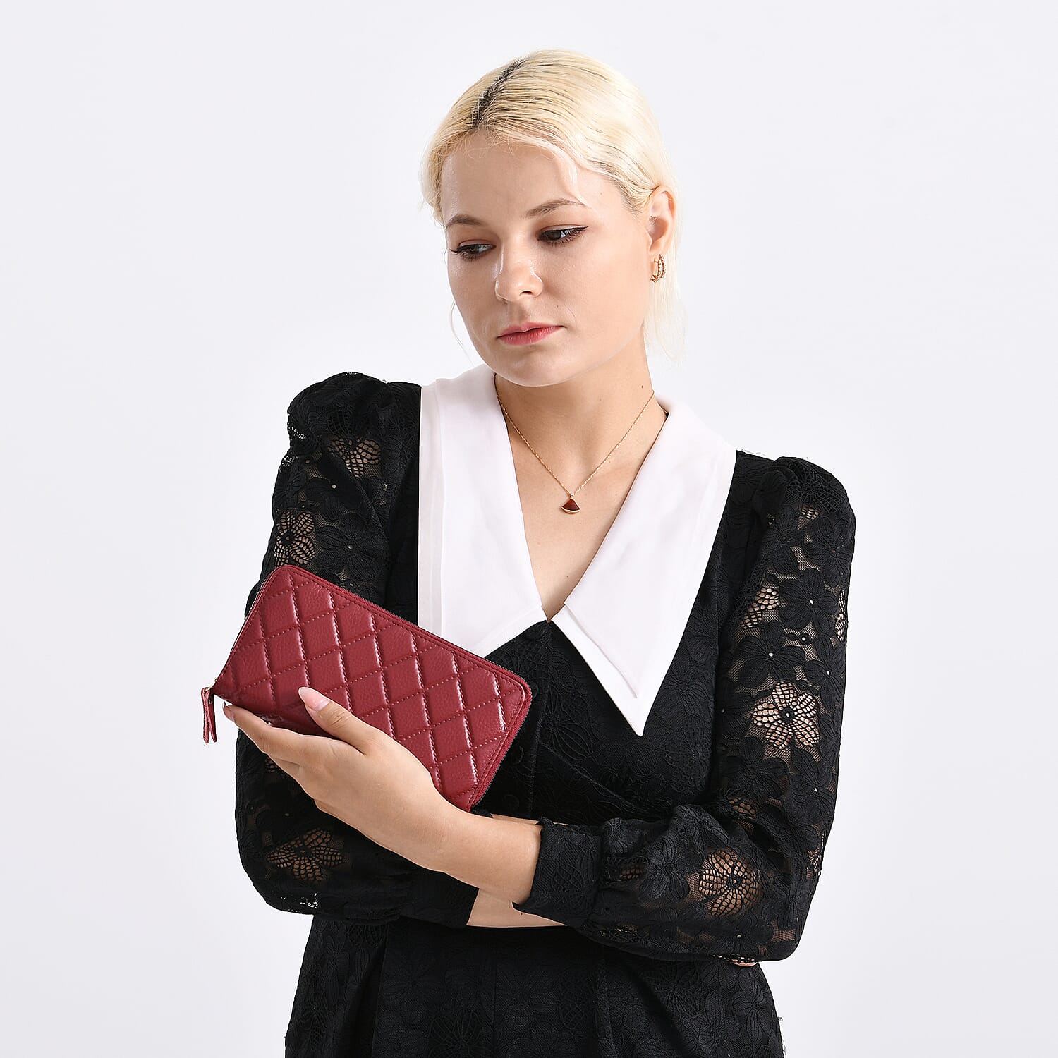 Closeout Deal - Genuine Leather Rhombus Pattern Embossed Wallet with RFID Protection - Burgundy