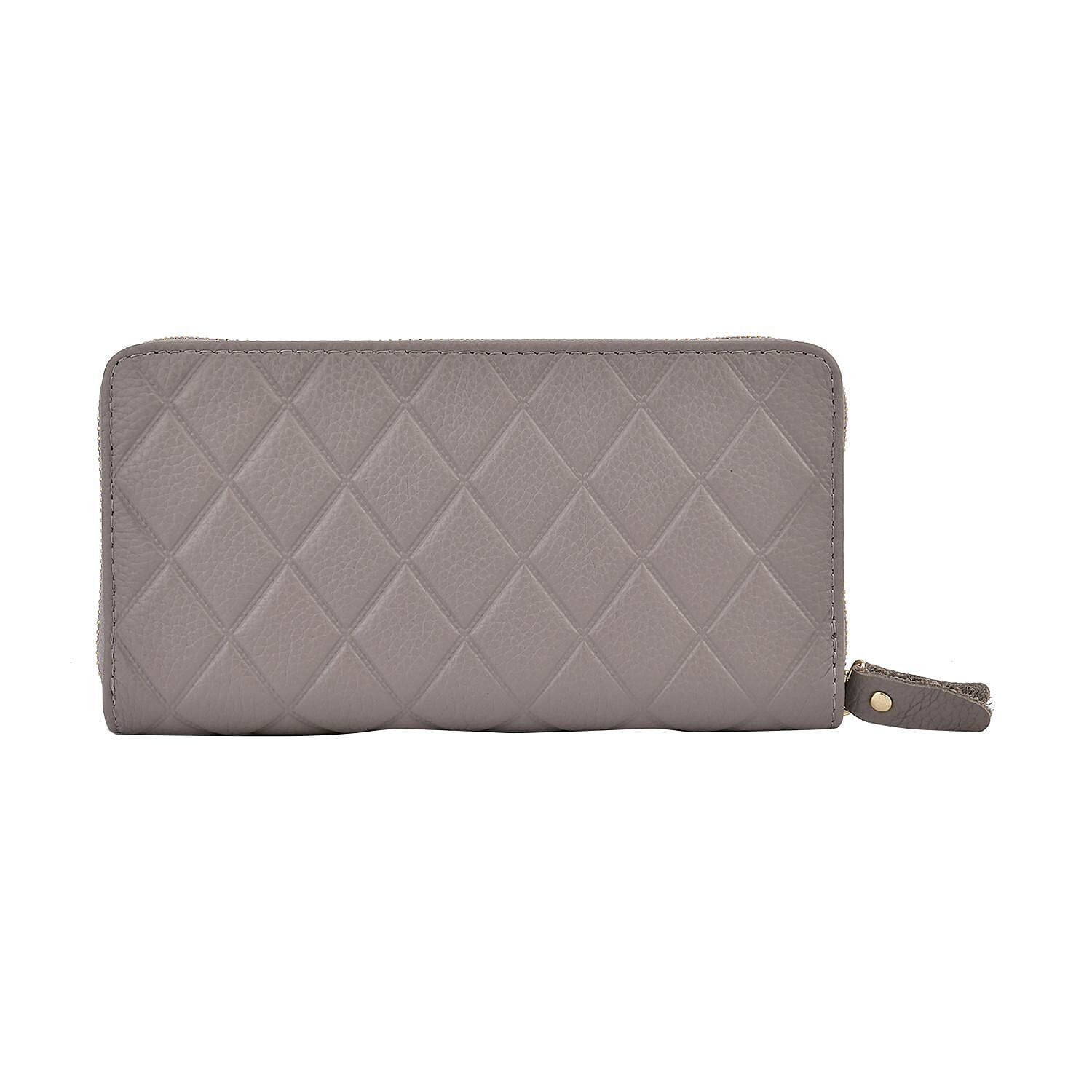 Closeout Deal - Genuine Leather Rhombus Pattern Embossed Wallet with RFID Protection (Size 19x10x2 cm) - Grey