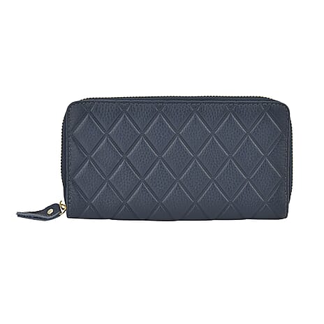 Closeout Deal - Genuine Leather Rhombus Pattern Embossed Wallet with RFID Protection (Size 19x10x2 cm) - Blue