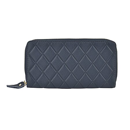 Closeout Deal - Genuine Leather Rhombus Pattern Embossed Wallet with RFID Protection - Blue Closeout Deal - Genuine Leather Rhombus Pattern Embossed Wallet with RFID Protection - Blue