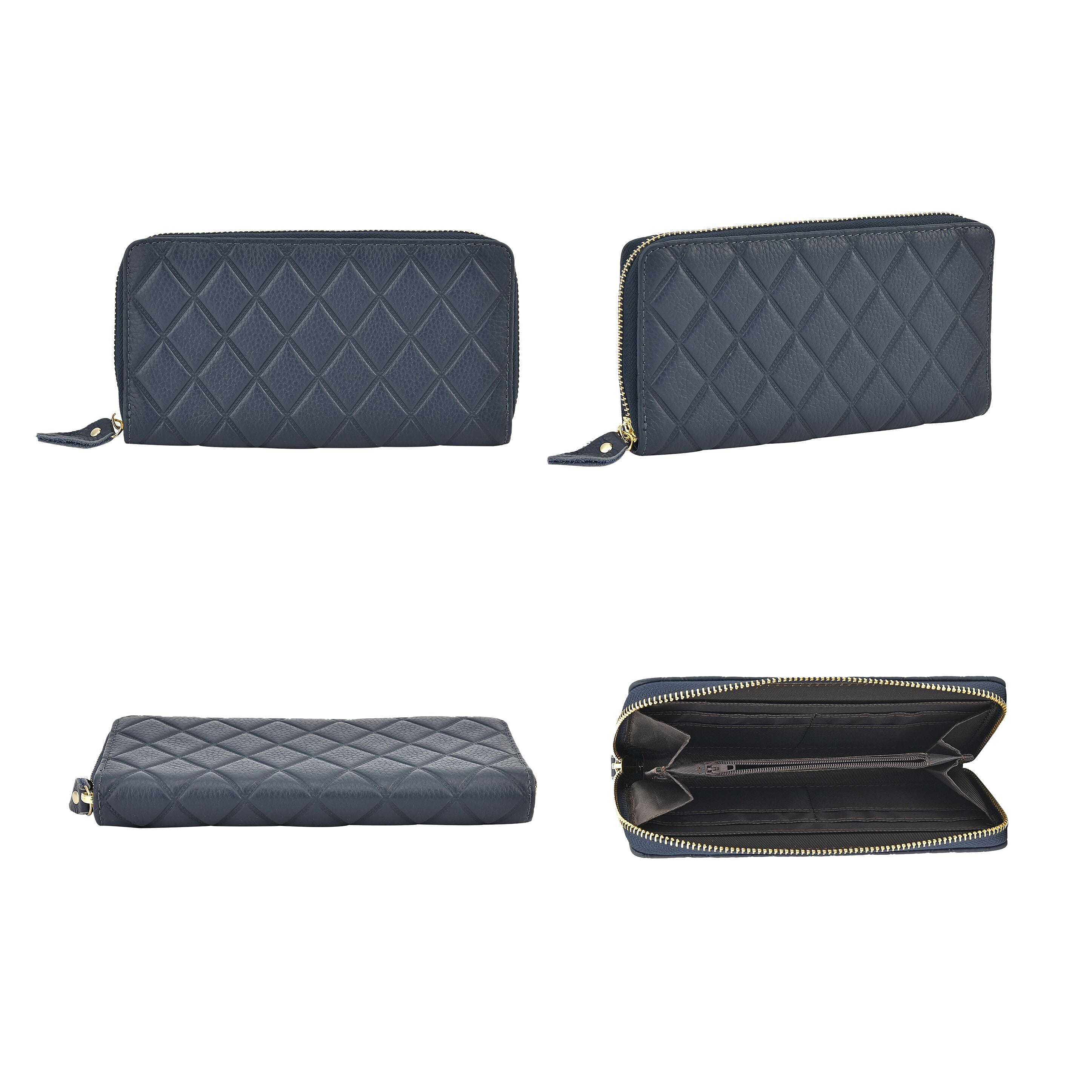 Closeout Deal - Genuine Leather Rhombus Pattern Embossed Wallet with RFID Protection (Size 19x10x2 cm) - Blue