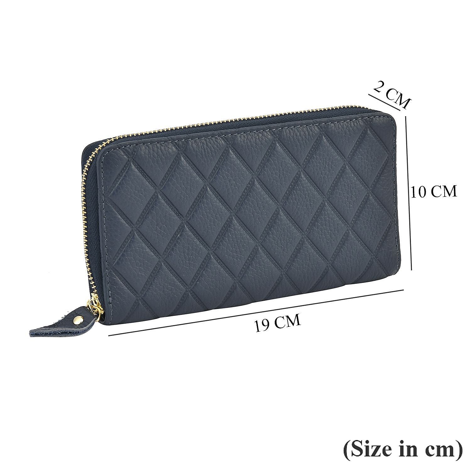 Closeout Deal - Genuine Leather Rhombus Pattern Embossed Wallet with RFID Protection (Size 19x10x2 cm) - Blue