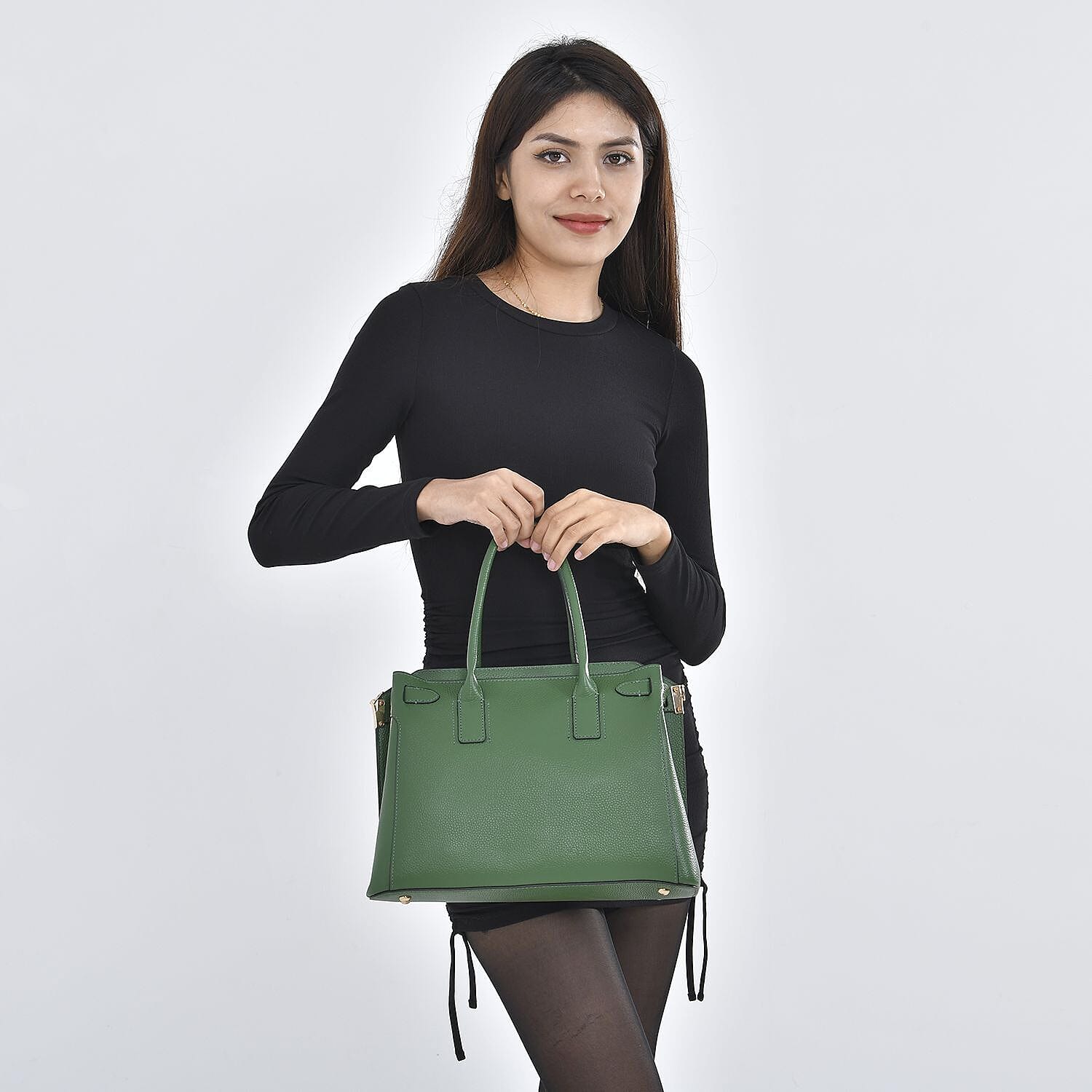 Genuine Leather Solid Crossbody Bag with Handle Drop - Green