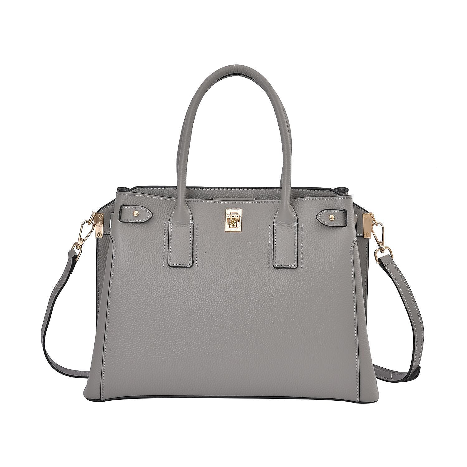 Genuine Leather Solid Crossbody Bag with Handle Drop - Grey