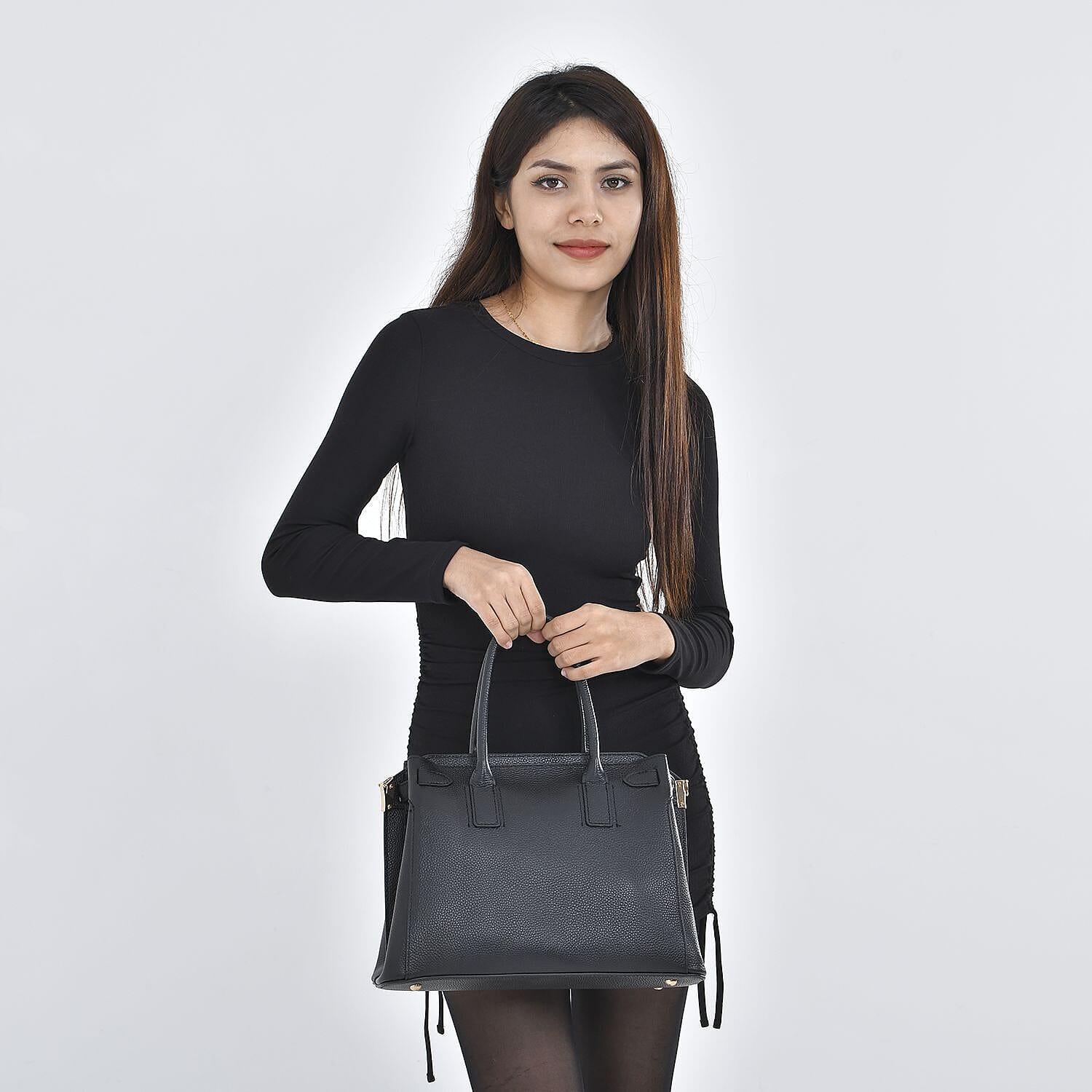 Genuine Leather Solid Crossbody Bag with Handle Drop and Sholuder Strap - Black