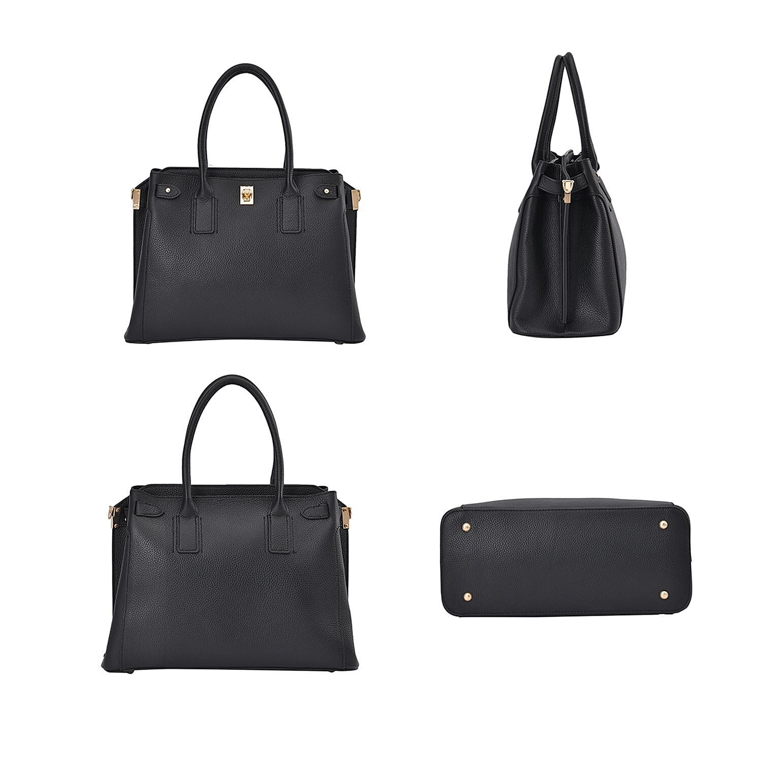 Genuine Leather Solid Crossbody Bag with Handle Drop and Sholuder Strap - Black