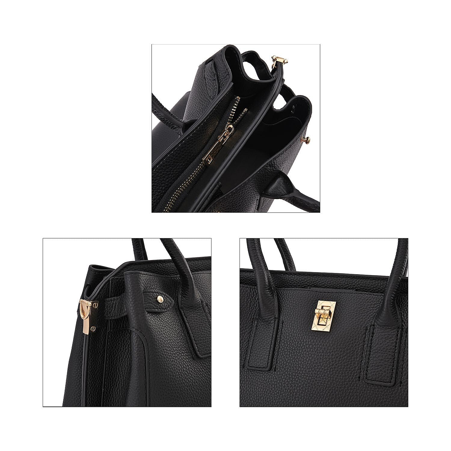 Genuine Leather Solid Crossbody Bag with Handle Drop and Sholuder Strap - Black