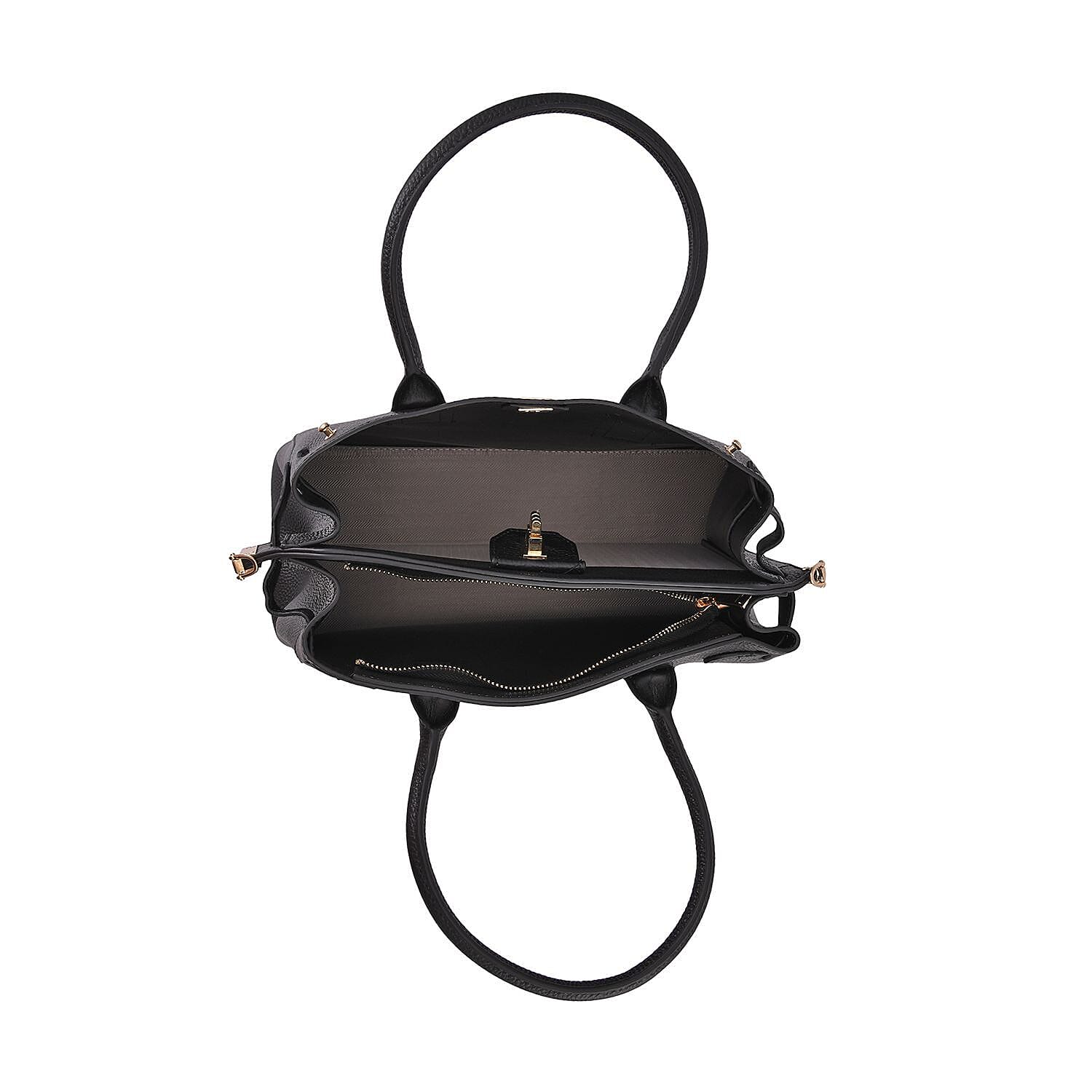 Genuine Leather Solid Crossbody Bag with Handle Drop and Sholuder Strap - Black