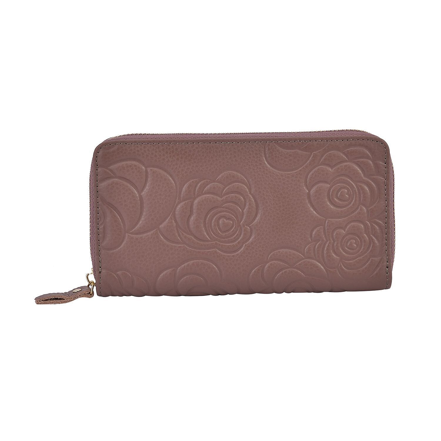 Closeout Deal - Genuine Leather Flower Embossed RFID Protected Wallet - Purple