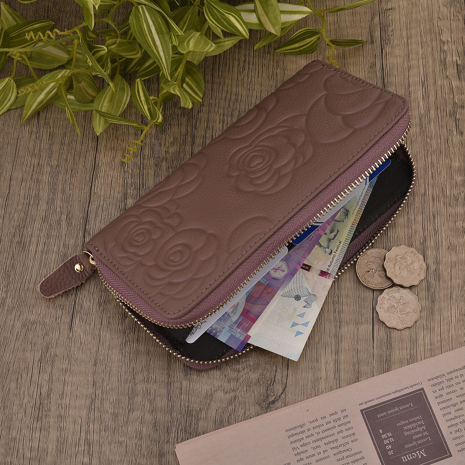 Closeout Deal - Genuine Leather Flower Embossed RFID Protected Wallet - Purple