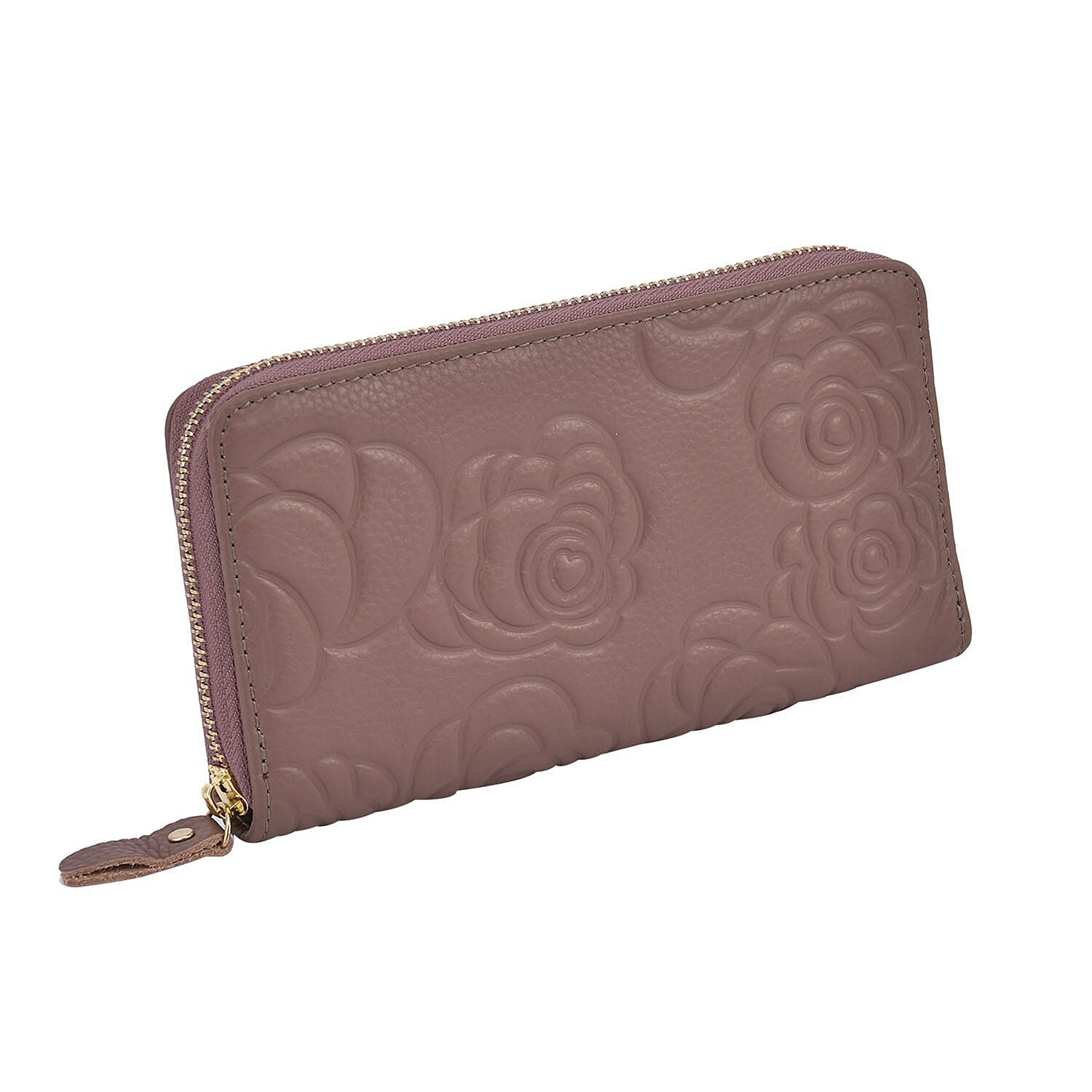 Closeout Deal - Genuine Leather Flower Embossed RFID Protected Wallet - Purple
