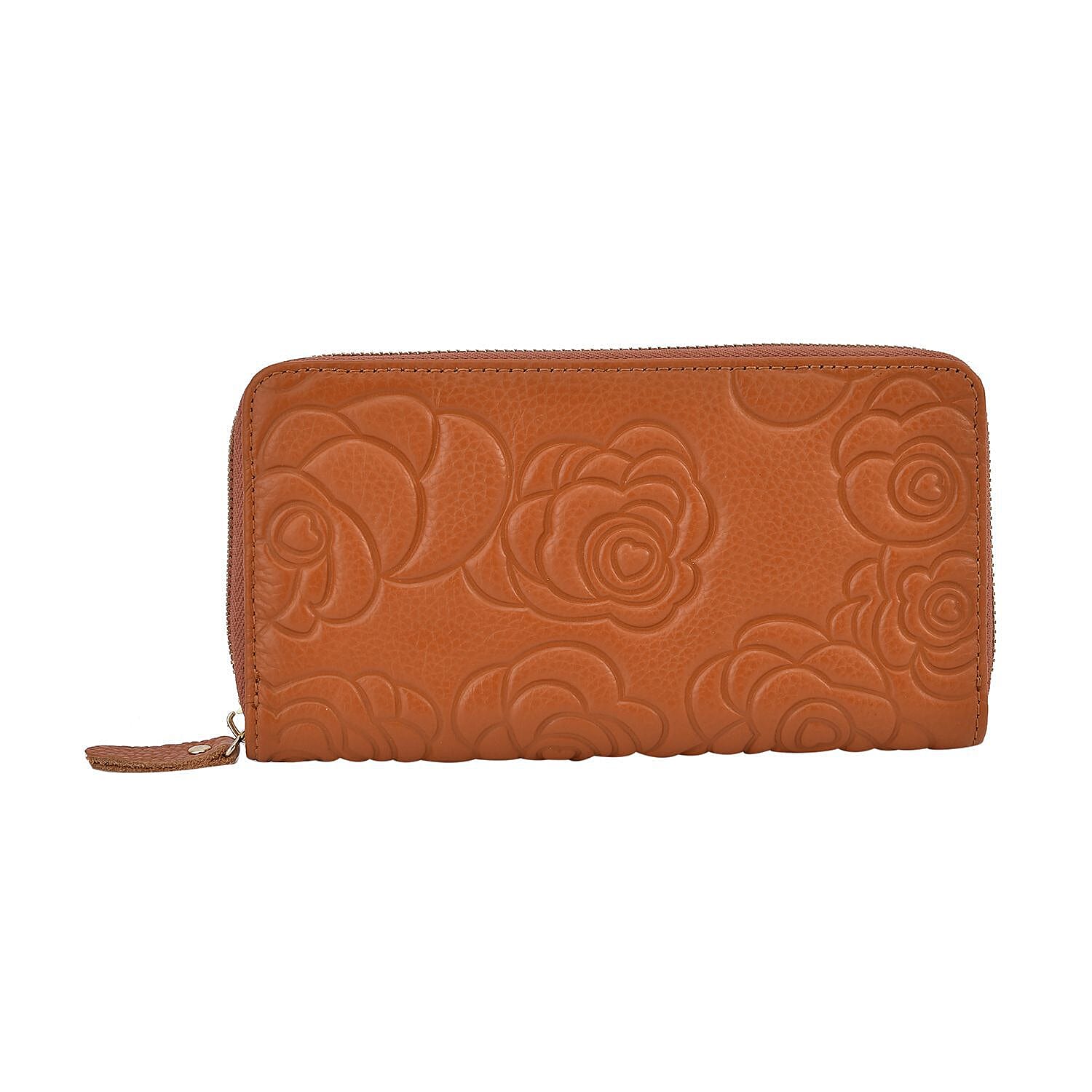 Closeout Deal - Genuine Leather Flower Embossed RFID Protected Purse (Size 19x10x2 cm) - Tan