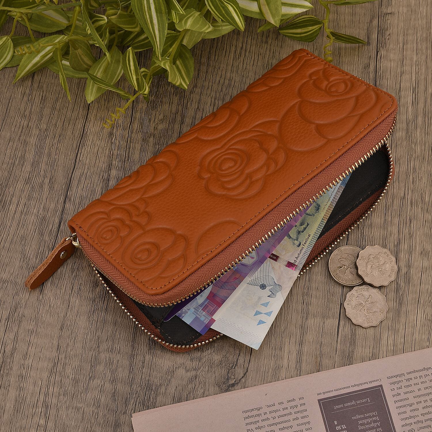 Closeout Deal - Genuine Leather Flower Embossed RFID Protected Purse (Size 19x10x2 cm) - Tan