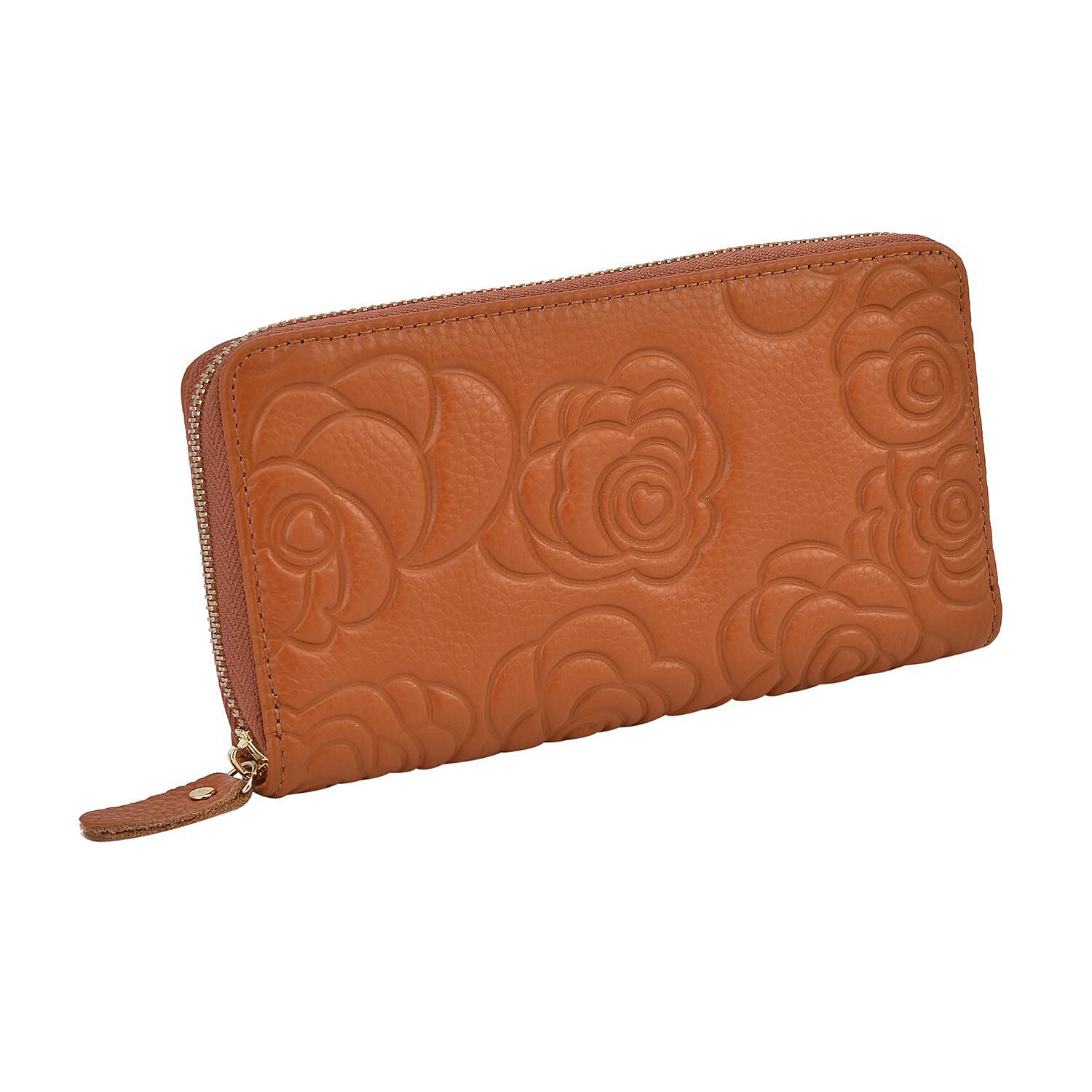 Closeout Deal - Genuine Leather Flower Embossed RFID Protected Purse (Size 19x10x2 cm) - Tan