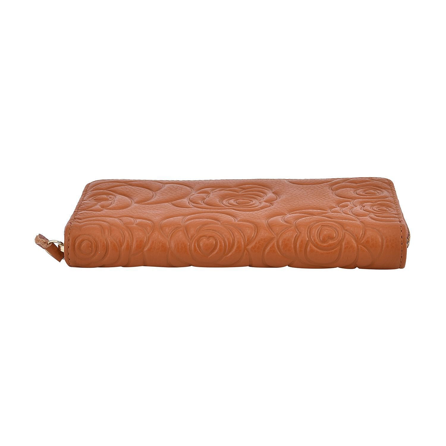 Closeout Deal - Genuine Leather Flower Embossed RFID Protected Purse (Size 19x10x2 cm) - Tan