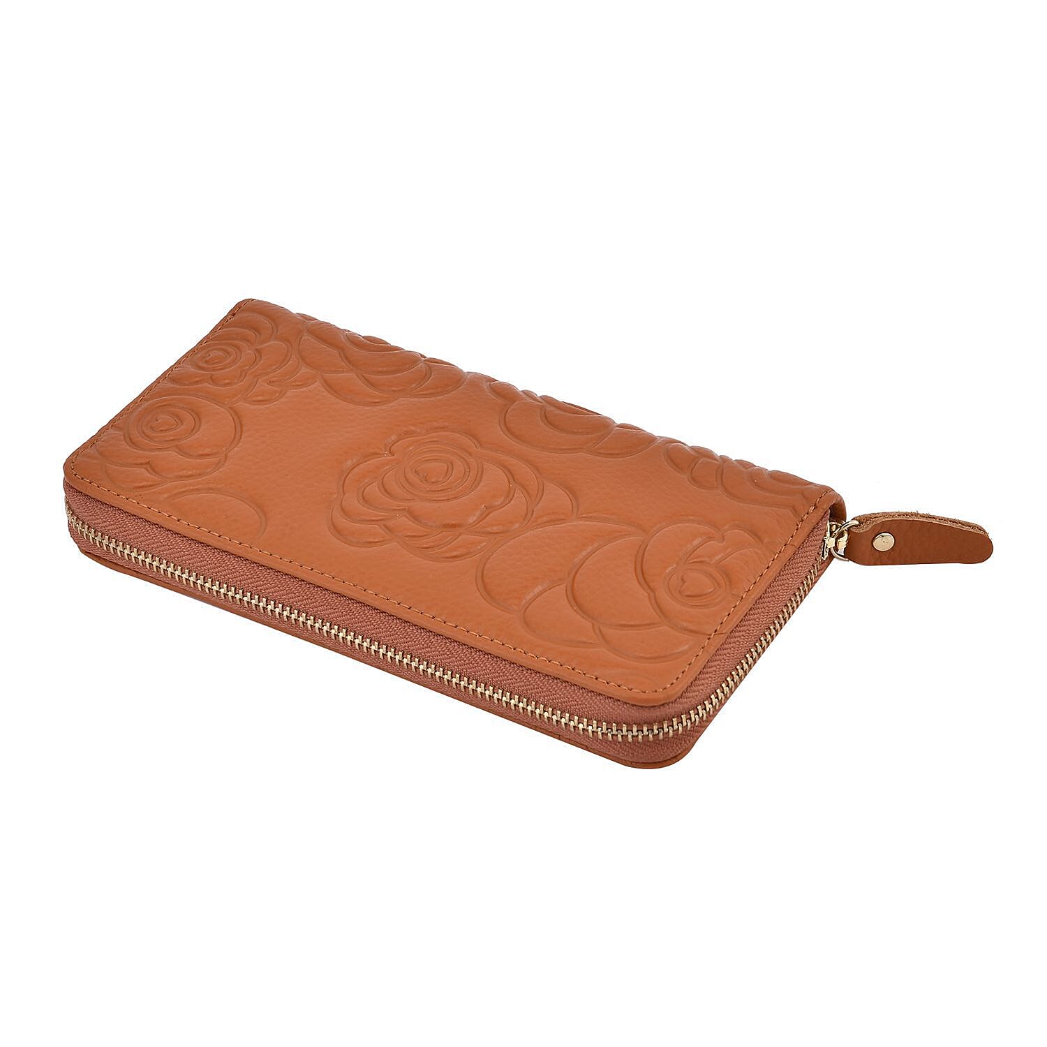 Closeout Deal - Genuine Leather Flower Embossed RFID Protected Purse (Size 19x10x2 cm) - Tan