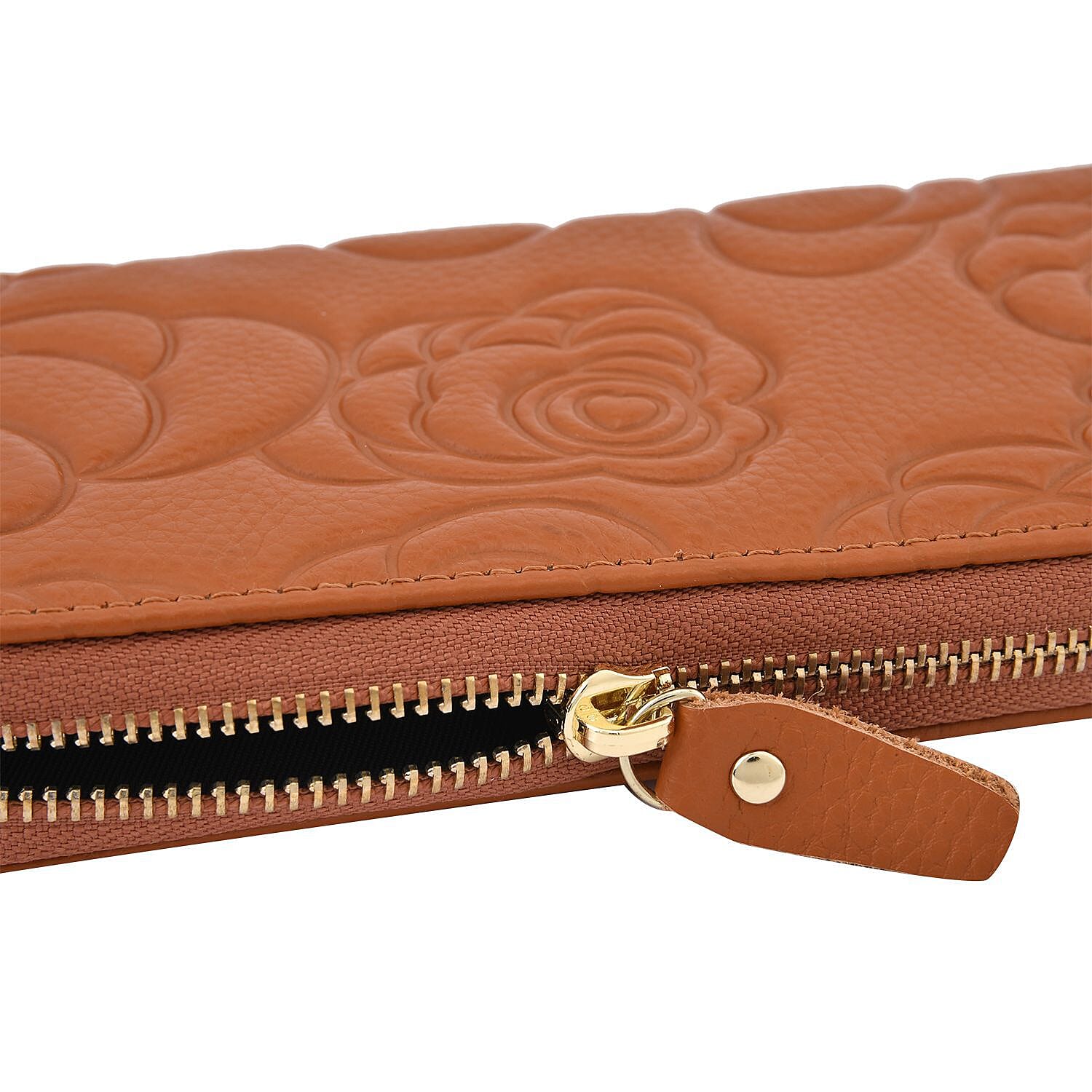 Closeout Deal - Genuine Leather Flower Embossed RFID Protected Purse (Size 19x10x2 cm) - Tan